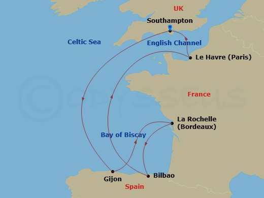 7 Night - Northern Europe - MSC Virtuosa - Starting in Southampton (London), United Kingdom, Gijon, Spain, La Rochelle, France, Bilbao, Le Havre (Paris), France, Southampton (London), United Kingdom itinerary map