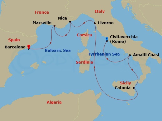 NCL Norwegian Epic - 7 Night - Europe - NCL Norwegian Epic - Starting in Civitavecchia Rome, Italy, Amalfi Coast (Salerno), Italy, Catania, Italy, Livorno / Florence / Pisa, Italy.. itinerary map