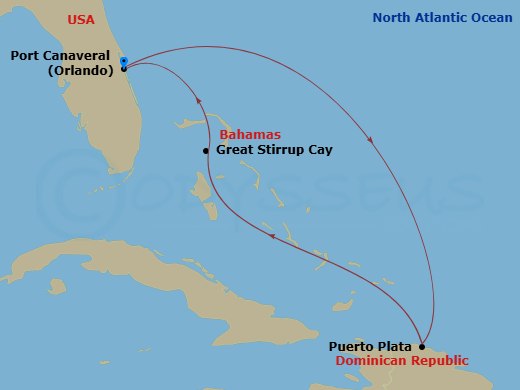 NCL Norwegian Escape - 5 Night - Eastern Caribbean - Port Canaveral - NCL Norwegian Escape - Starting in Orlando Beaches / Port Canaveral, Fl, Puerto Plata, Dominican Republic, Grea.. itinerary map