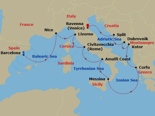 NCL Norwegian Prima - 10 Night - Europe - Western Mediterranean - Barcelona - NCL Norwegian Prima - Starting in Barcelona, Spain, Nice / Monaco (Villefranche), France, Livorno / Fl.. itinerary map