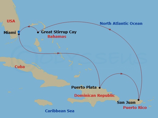 NCL Norwegian Aqua - 6 Night - Eastern Caribbean - Miami - NCL Norwegian Aqua - Starting in Miami, Fl, Puerto Plata, Dominican Republic, San Juan, Pr, Great Stirrup Cay, Bahamas,.. itinerary map