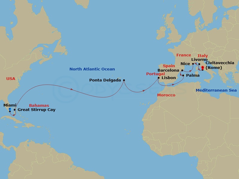 NCL Norwegian Sun - 16 Night - Repo - Transatlantic - NCL Norwegian Sun - Starting in Miami, Fl, Great Stirrup Cay, Bahamas, Ponta Delgada, Portugal, Lisbon, Portugal, Palma Majo.. itinerary map