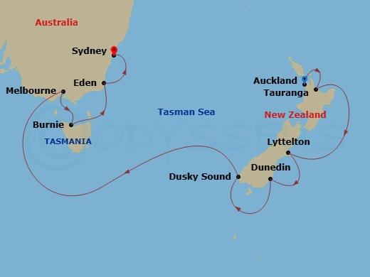 NCL Norwegian Spirit - 11 Night - Australia Product - NCL Norwegian Spirit - Starting in Auckland, New Zealand, Tauranga, New Zealand, Lyttleton, New Zealand, Dunedin, New Zealand,.. itinerary map