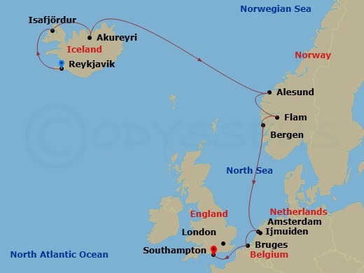 NCL Norwegian Prima - 10 Night - Europe - Iceland - NCL Norwegian Prima - Starting in Reykjavik, Iceland, Isafjordur, Iceland, Akureyri, Iceland, Alesund, Norway, Flam, Norway, Ber.. itinerary map
