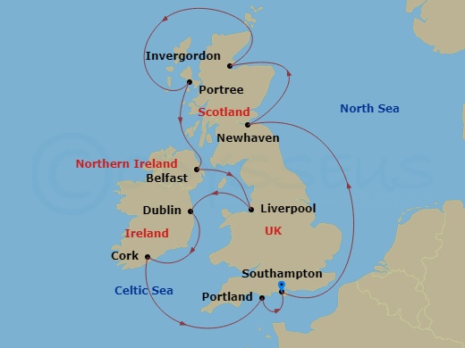 NCL Norwegian Star - 10 Night - Europe - British Isles - NCL Norwegian Star - Starting in London (Southampton), United Kingdom, Edinburgh (Newhaven), Scotland, United Kingdom, Inv.. itinerary map