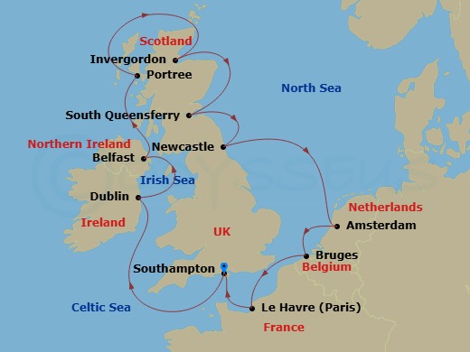 NCL Norwegian Star - 11 Night - Europe - British Isles - NCL Norwegian Star - Starting in London (Southampton), United Kingdom, Dublin / Dun Laoghaire, Ireland, Belfast, Northern.. itinerary map