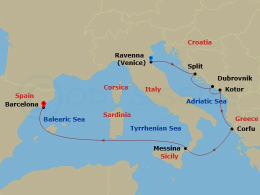 NCL Norwegian Gem - 7 Night - Europe - Classic Mediterranean - NCL Norwegian Gem - Starting in Venice (Ravenna), Italy, Split, Croatia, Dubrovnik, Croatia, Kotor, Montenegro, Cor.. itinerary map