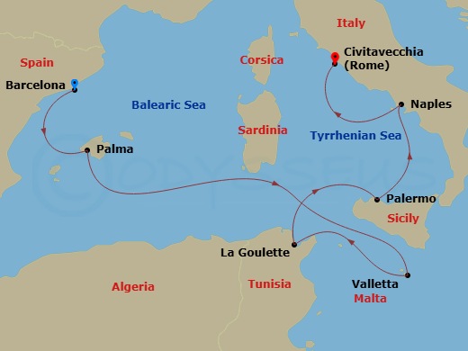 NCL Norwegian Epic - 7 Night - Europe - Western Mediterranean - Barcelona - NCL Norwegian Epic - Starting in Barcelona, Spain, Palma Majorca, Spain, Valletta, Malta, La Goulette,.. itinerary map