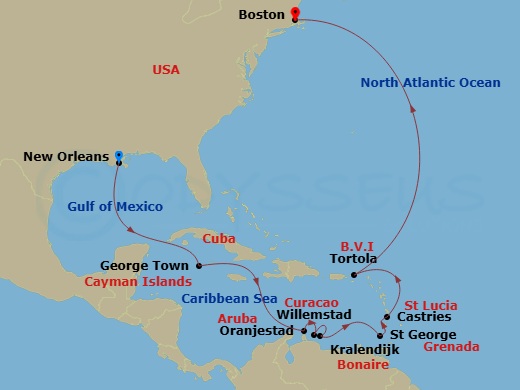 NCL Norwegian Breakaway - 14 Night - Caribbean - NCL Norwegian Breakaway - Starting in New Orleans, La, George Town, Cayman Islands, Oranjestad, Aruba, Willemstad AN, Netherlands Antil.. itinerary map