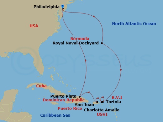 NCL Norwegian Pearl - 11 Night - Caribbean-Philadelphia - NCL Norwegian Pearl - Starting in Philadelphia, Pa, Royal Naval Dockyard, Bermuda, Tortola, British Virgin Islands, St Tho.. itinerary map