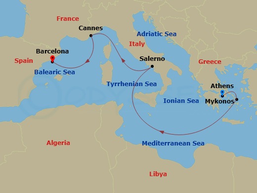 Scarlet Lady - 7 Night - Med Coastal Medley : Athens to Barcelona - Scarlet Lady - Starting in Athens (Piraeus), Greece, Mykonos, Greece, Amalfi Coast (Salerno), Italy, Cann.. itinerary map