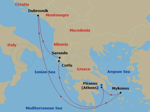 Scarlet Lady - 7 Night - Adriatic, Albania and Mykonos Magic - Scarlet Lady - Starting in Athens (Piraeus), Greece, Dubrovnik, Croatia, Sarande, Albania, Corfu, Greece, Myko.. itinerary map