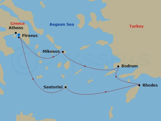 Scarlet Lady - 7 Night - Greek Island Glow - Scarlet Lady - Starting in Athens (Piraeus), Greece, Santorini, Greece, Rhodes, Greece, Bodrum, Turkey, Mykonos, Greece, Athens.. itinerary map