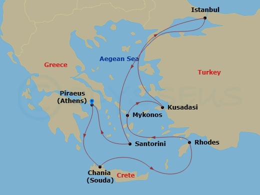 Scarlet Lady - 11 Night - Greek Isle Days & Istanbul Nights - Scarlet Lady - Starting in Athens (Piraeus), Greece, Chania (Souda Bay), Crete, Greece, Rhodes, Greece, Mykonos.. itinerary map