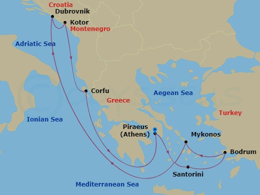 Scarlet Lady - 10 Night - Starry Nights in Greece & Croatia - Scarlet Lady - Starting in Athens (Piraeus), Greece, Santorini, Greece, Bodrum, Turkey, Mykonos, Greece, Dubrov.. itinerary map