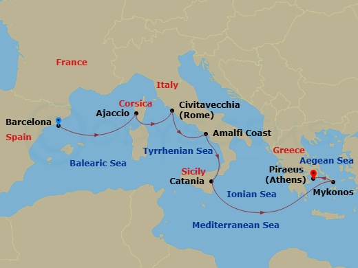 Scarlet Lady - 8 Night - Barcelona to Amalfi, Sicily & Greece - Scarlet Lady - Starting in Barcelona, Spain, Ajaccio, Corsica, France, Rome (Civitavecchia), Italy, Amalfi Co.. itinerary map
