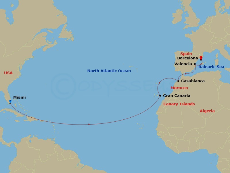 Scarlet Lady - 14 Night - Transatlantic Miami to Morocco & Spain - Scarlet Lady - Starting in Miami, Florida, Las Palmas De Gran Canaria, Spain, Casablanca, Morocco, Valenci.. itinerary map