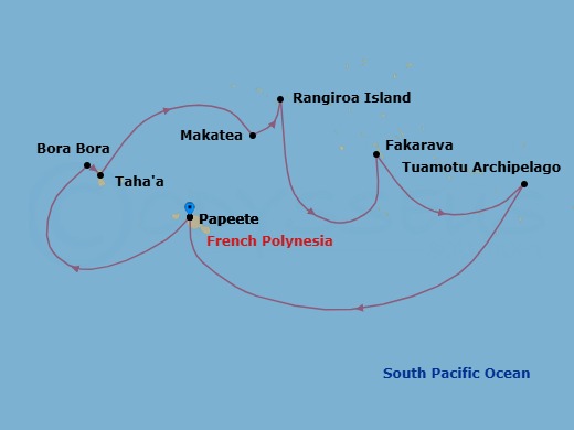 10 Night - Pearls of the Pacific : the Society and Tuamotu Islands - National Geographic Resolution - Starting in Papeete, Tahiti, French Polynesia / Embark Ship, Bora Bora, Tahaa / Raiatea, Makatea, Rangiroa, Fakarava, Tuamotu Archipelago, Papeete, Tahiti / Disembark Ship itinerary map