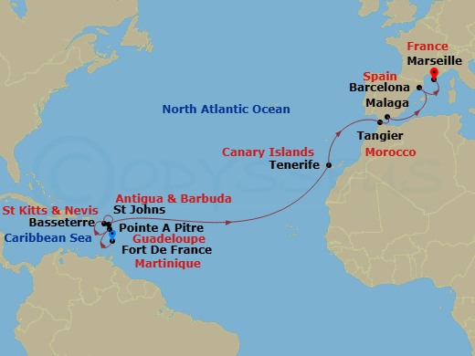 Costa Favolosa - 16 Night - Transatlantic from Fort De France - Costa Favolosa - Starting in Fort-de-France, Pointe-a-Pitre, Basseterre, St Johns AG, Antigua, Santa Cruz de Te.. itinerary map
