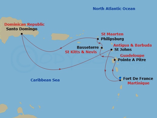 Costa Favolosa - 7 Night - Western Caribbean from Fort De France - Costa Favolosa - Starting in Fort-de-France, Pointe-a-Pitre, Basseterre, St Maarten (Philipsburg), Santo Dom.. itinerary map
