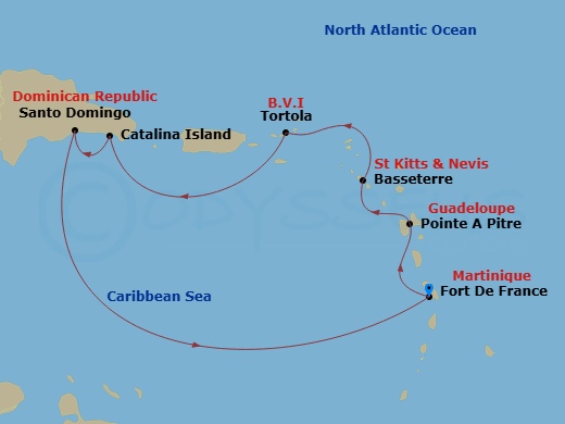 Costa Favolosa - 7 Night - Western Caribbean from Fort De France - Costa Favolosa - Starting in Fort-de-France, Pointe-a-Pitre, Basseterre, Tortola (Road Harbour), Catalina Is.. itinerary map