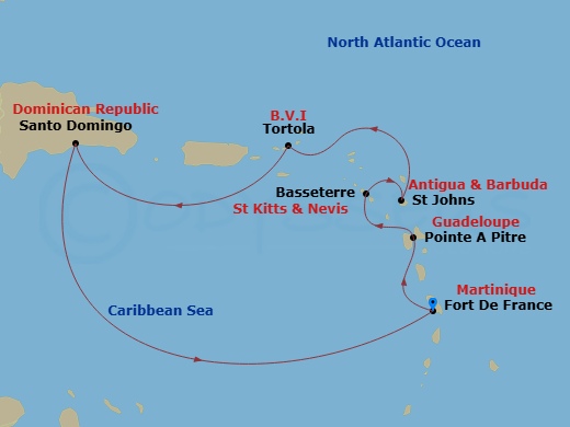 Costa Favolosa - 7 Night - Western Caribbean from Fort De France - Costa Favolosa - Starting in Fort-de-France, Pointe-a-Pitre, Basseterre, St Johns AG, Antigua, Tortola (Road.. itinerary map