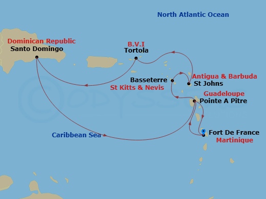 Costa Favolosa - 8 Night - Western Caribbean from Fort De France - Costa Favolosa - Starting in Fort-de-France, Pointe-a-Pitre, Basseterre, St Johns AG, Antigua, Tortola (Road.. itinerary map
