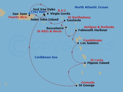 Star Pride - 11 Night - Masterpieces at Sea : Gems of the Leeward Islands - Star Pride - Starting in San Juan, St John VI (Cruz Bay), US Virgin Islands, Gustavia, Basseter.. itinerary map