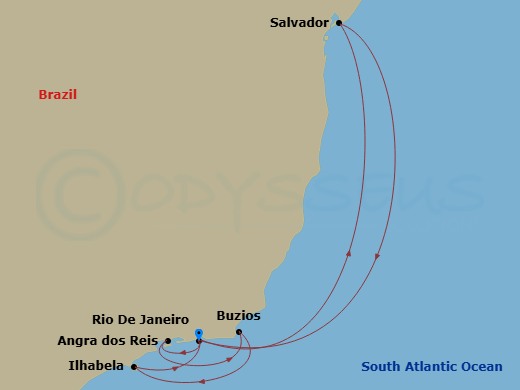 MSC Armonia - 8 Night - South America - MSC Armonia - Starting in Rio De Janeiro, Brazil, Salvador, Brazil, Copacabana (Rio de Janeiro), Brazil, Angra Dos Reis, Brazil, Buz.. itinerary map