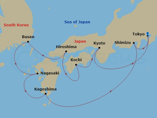 Celebrity Millennium - 12 Night - Best of Japan Cruise - Celebrity Millennium - Starting in Tokyo, Japan, Kyoto (Osaka), Japan, Kochi, Japan, Hiroshima, Japan, Busan, South Korea, N.. itinerary map