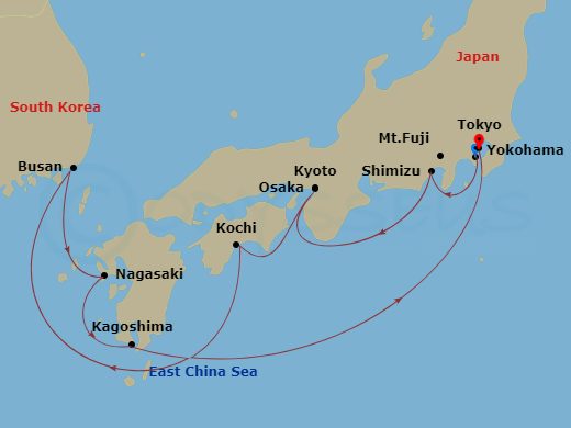 11 Night - Best of Japan Cruise - Celebrity Millennium - Starting in Tokyo (Yokohama), Japan, Mount Fuji (Shimizu), Japan, Kyoto (Osaka), Japan, Kochi, Japan, Busan, South Korea, Nagasaki, Japan, Kagoshima, Japan, Tokyo, Japan itinerary map