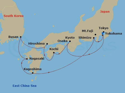 Celebrity Millennium - 12 Night - Best of Japan Cruise - Celebrity Millennium - Starting in Tokyo (Yokohama), Japan, Kyoto (Osaka), Japan, Kochi, Japan, Hiroshima, Japan, Busan, Sou.. itinerary map