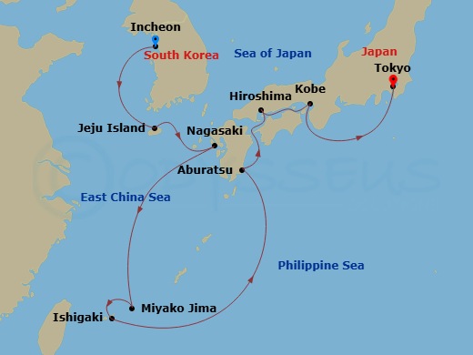 Crystal Symphony - 12 Night - Asia and Asia Pacific from Incheon to Tokyo - Crystal Symphony - Starting in Incheon (Seoul), Jeju, Nagasaki, Miyako-jima, Ishigaki / Ryukyu Island.. itinerary map
