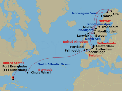 27 Night - Northern Lights Cultural Crossing Collectors' Voyage - Rotterdam - Starting in Rotterdam, the Netherlands, Nordfjordeid, Norway, Scenic Cruising Nordfjord, Scenic Cruising Trondheimsfjord, Trondheim, Norway, Crossing the Arctic Circle, Tromso, Norway, Alta, Norway, Crossing the Arctic Circle, Molde, Norway, Bergen, Norway, Lerwick, Shetland Islands, United Kingdom, Amsterdam, the Netherlands, Zeebrugge (Brussels), Belgium, Portland UK (Weymouth), England, United Kingdom, Falmouth, England, United Kingdom, Kings Wharf, Bermuda, Fort Lauderdale, Florida itinerary map
