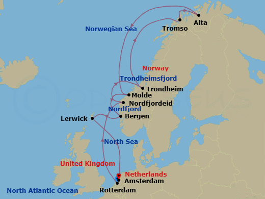 14 Night - Arctic Journey & Northern Lights - Rotterdam - Starting in Rotterdam, the Netherlands, Nordfjordeid, Norway, Scenic Cruising Nordfjord, Scenic Cruising Trondheimsfjord, Trondheim, Norway, Crossing the Arctic Circle, Tromso, Norway, Alta, Norway, Crossing the Arctic Circle, Molde, Norway, Bergen, Norway, Lerwick, Shetland Islands, United Kingdom, Amsterdam, the Netherlands itinerary map