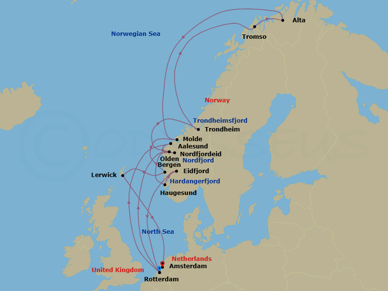 21 Night - Northern Fjords & Northern Lights Collectors' Voyage - Rotterdam - Starting in Rotterdam, the Netherlands, Alesund, Norway, Olden, Norway, Scenic Cruising Nordfjord, Haugesund, Norway, Eidfjord, Norway, Scenic cruising Hardangerfjord, Rotterdam, the Netherlands, Nordfjordeid, Norway, Scenic Cruising Nordfjord, Scenic Cruising Trondheimsfjord, Trondheim, Norway, Crossing the Arctic Circle, Tromso, Norway, Alta, Norway, Crossing the Arctic Circle, Molde, Norway, Bergen, Norway, Lerwick, Shetland Islands, United Kingdom, Amsterdam, the Netherlands itinerary map