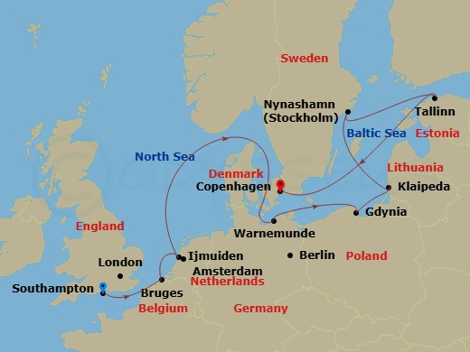 NCL Norwegian Prima - 11 Night - Europe - Baltic - NCL Norwegian Prima - Starting in London (Southampton), United Kingdom, Zeebrugge / Brussels / Brugge, Belgium, Amsterdam / Ijmui.. itinerary map