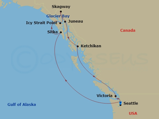 NCL Norwegian Joy - 9 Night - Alaska - Seattle - NCL Norwegian Joy - Starting in Seattle, Wa, Sitka, Ak, Icy Strait Point, Ak, Cruise Glacier Bay, Ak, Skagway, Ak, Juneau, Ak, Ke.. itinerary map