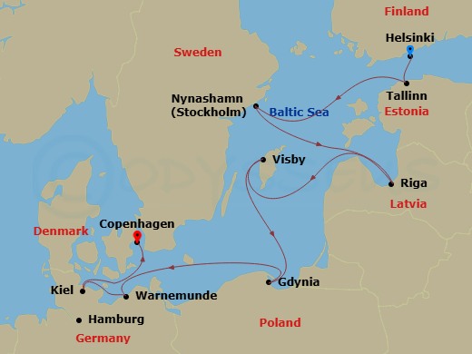 NCL Norwegian Jewel - 9 Night - Europe - Baltic - NCL Norwegian Jewel - Starting in Helsinki, Finland, Tallinn, Estonia, Nynashamn / Stockholm, Sweden, Riga, Latvia, Visby, Sweden,.. itinerary map