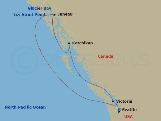 NCL Norwegian Joy - 7 Night - Alaska - Seattle - NCL Norwegian Joy - Starting in Seattle, Wa, Juneau, Ak, Cruise Glacier Bay, Ak, Icy Strait Point, Ak, Ketchikan (Ward Cove), Ak,.. itinerary map