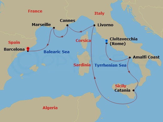 NCL Norwegian Epic - 7 Night - Europe - NCL Norwegian Epic - Starting in Civitavecchia Rome, Italy, Amalfi Coast (Salerno), Italy, Catania, Italy, Livorno / Florence / Pisa, Italy.. itinerary map
