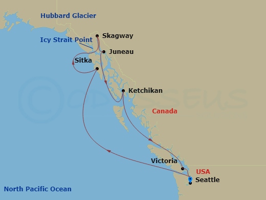 NCL Norwegian Joy - 9 Night - Alaska - Seattle - NCL Norwegian Joy - Starting in Seattle, Wa, Sitka, Ak, Cruise Hubbard Glacier, Ak, Skagway, Ak, Juneau, Ak, Ketchikan (Ward Cove.. itinerary map