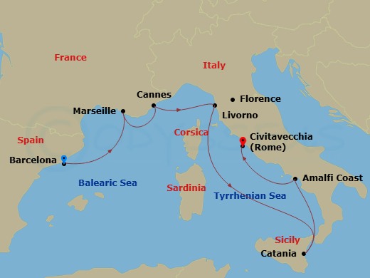 NCL Norwegian Epic - 7 Night - Europe - Western Mediterranean - Barcelona - NCL Norwegian Epic - Starting in Barcelona, Spain, Provence, Marseille, France, Cannes, France, Livorno.. itinerary map