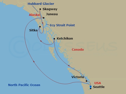 NCL Norwegian Joy - 10 Night - Alaska - Seattle - NCL Norwegian Joy - Starting in Seattle, Wa, Juneau, Ak, Cruise Glacier Bay, Ak, Skagway, Ak, Sitka, Ak, Icy Strait Point, Ak, K.. itinerary map