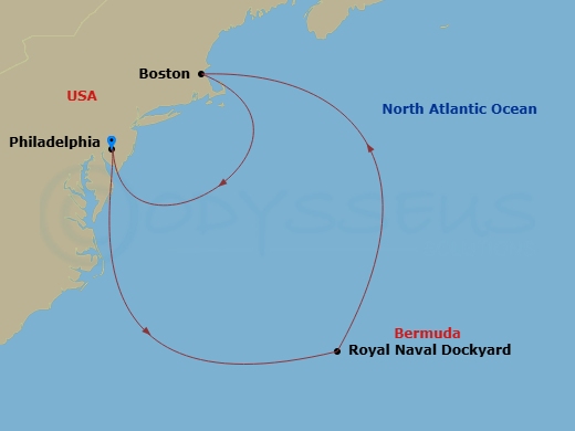 NCL Norwegian Pearl - 7 Night - Bermuda-Philadelphia - NCL Norwegian Pearl - Starting in Philadelphia, Pa, Royal Naval Dockyard, Bermuda, Boston, Ma, Philadelphia, Pa itinerary map