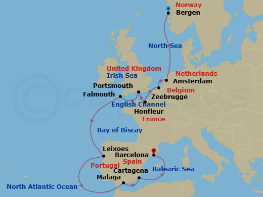 14 Night - Trade Routes of the Middle Ages - Viking Saturn - Starting in Bergen, Sail the North Sea, Amsterdam, Bruges (Zeebrugge), Paris (Honfleur), Portsmouth UK, Falmouth, Sail the Atlantic Ocean, Porto (Leixoes), Sail the Atlantic Ocean, Granada (Malaga), Murcia (Cartagena ES, Spain), Barcelona itinerary map