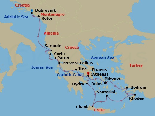 14 Night - Discover Coastal Classics - Emerald Raiya - Starting in Dubrovnik, Croatia, Kotor, Montenegro, Sarande, Albania / Corfu, Greece, Corfu, Greece, Parga, Greece, Lefkada, Greece, Itea, Greece / Transit through the Corinth Canal, Athens (Piraeus), Greece, Delos, Greece / Mykonos, Greece, Bodrum, Turkey, Rhodes, Greece, Santorini, Greece, Chania, Greece, Hydra, Greece, Athens (Piraeus), Greece itinerary map