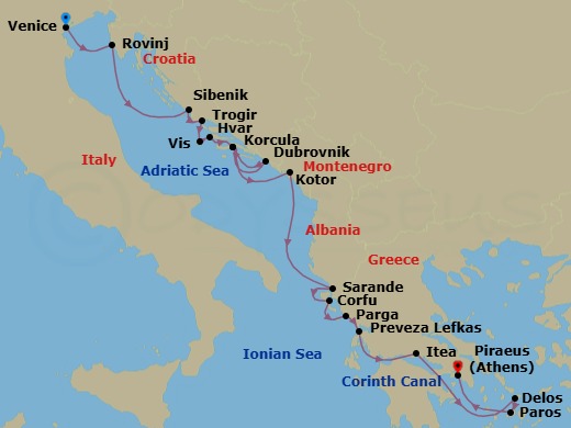 18 Night - Discover the Treasures of the Mediterranean - Emerald Azzurra - Starting in Venice, Italy, Rovinj, Croatia, Sibenik, Croatia, Trogir, Croatia, Vis, Croatia, Hvar, Croatia, Korcula, Croatia, Dubrovnik, Croatia, Korcula, Croatia, Kotor, Montenegro, Sarande, Albania / Corfu, Greece, Corfu, Greece, Parga, Greece, Lefkada, Greece, Itea, Greece / Transit through the Corinth Canal, Delos / Mykonos, Greece, Paros, Greece, Athens (Piraeus), Greece itinerary map