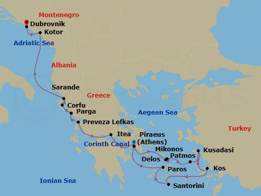 14 Night - Discover the Eastern Mediterranean - Emerald Raiya - Starting in Athens (Piraeus), Greece, Delos, Greece / Mykonos, Greece, Patmos, Greece, Kusadasi, Turkey, Kos, Greece, Santorini, Greece, Paros, Greece, Athens (Piraeus), Greece, Transit through the Corinth Canal / Itea, Greece, Lefkada, Greece, Parga, Greece, Corfu, Greece, Sarande, Albania, Kotor, Montenegro, Dubrovnik, Croatia itinerary map