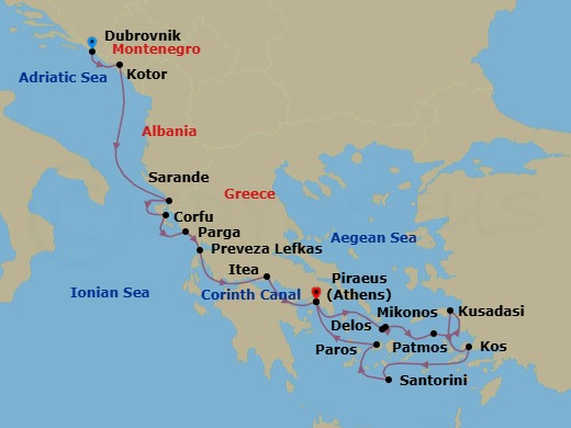14 Night - Discover the Eastern Mediterranean - Emerald Azzurra - Starting in Dubrovnik, Croatia, Kotor, Montenegro, Sarande, Albania / Corfu, Greece, Corfu, Greece, Parga, Greece, Lefkada, Greece, Itea, Greece / Transit through the Corinth Canal, Athens (Piraeus), Greece, Delos, Greece / Mykonos, Greece, Patmos, Greece, Kusadasi, Turkey, Kos, Greece, Santorini, Greece, Paros, Greece, Athens (Piraeus), Greece itinerary map